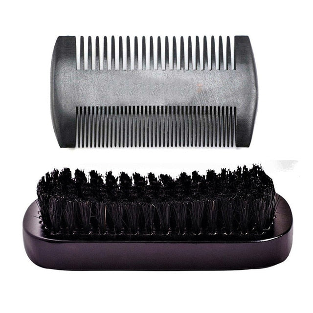 100% Natural Boar Bristle Brush & Beard Comb Set for Men Handmade Pear Wood Comb for Beard Care Mustache Styling Grooming Kit