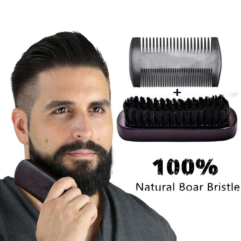 100% Natural Boar Bristle Brush & Beard Comb Set for Men Handmade Pear Wood Comb for Beard Care Mustache Styling Grooming Kit
